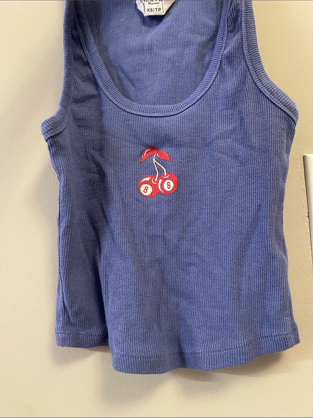Girls' Blue Ribbed Tank Top with Cherry Graphic